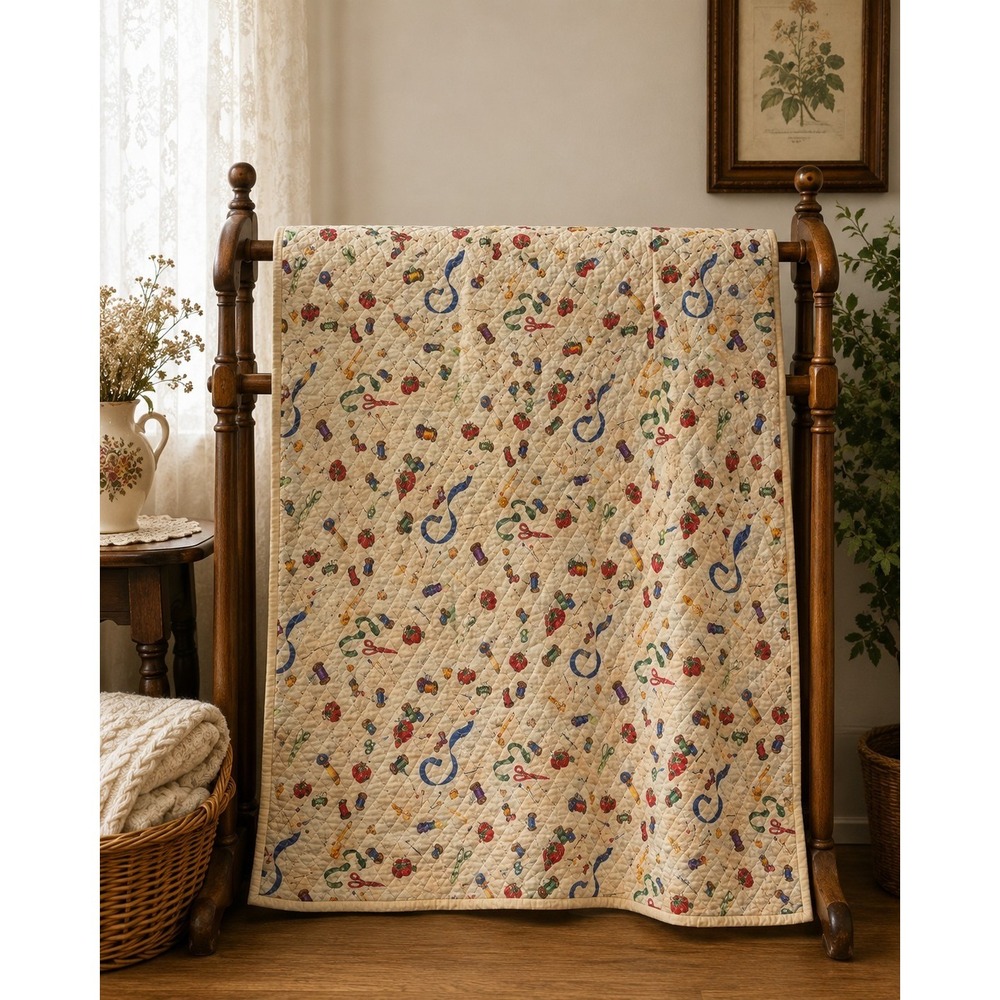 Handmade Sewing Theme Quilt Throw Blanket Scissors Spools Fabric 51x40 Cottage